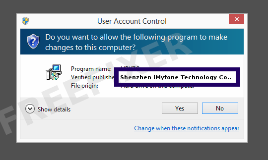 Screenshot where Shenzhen iMyfone Technology Co., Ltd. appears as the verified publisher in the UAC dialog
